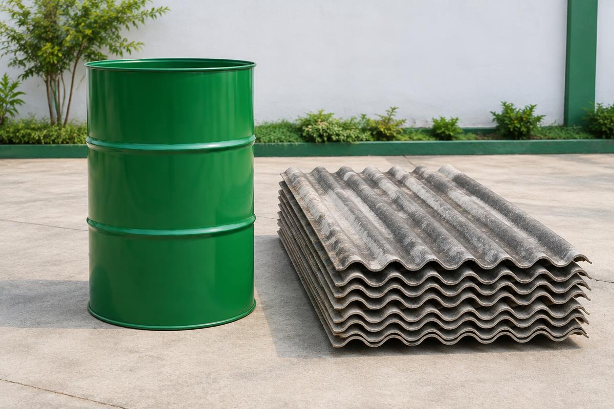 Telhas de amianto separados de um tambor de 200L — materiais não recolhidos